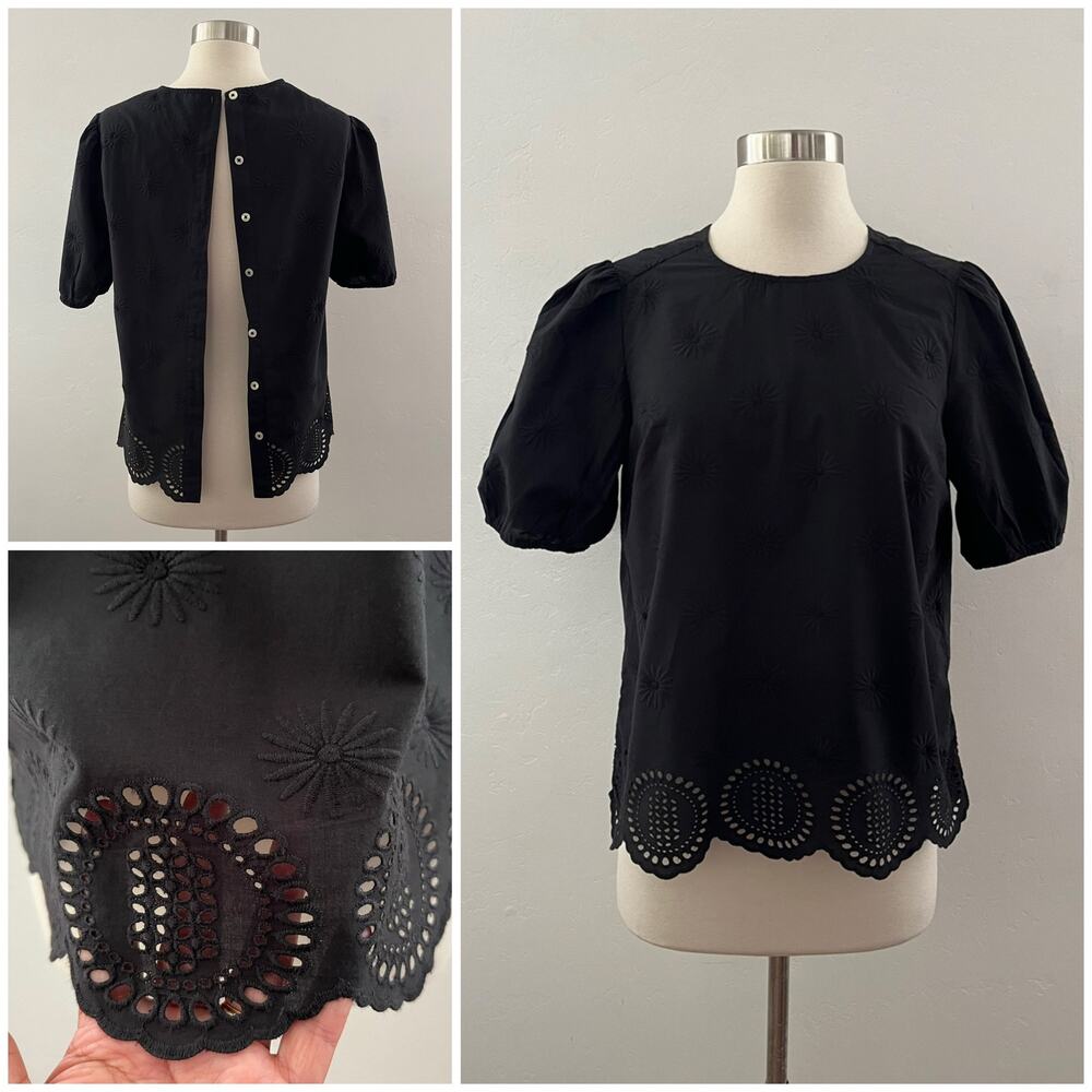 Lucky Brand Embroidered Top Small Black Daisy Floral Cut-Out Scalloped Cotton